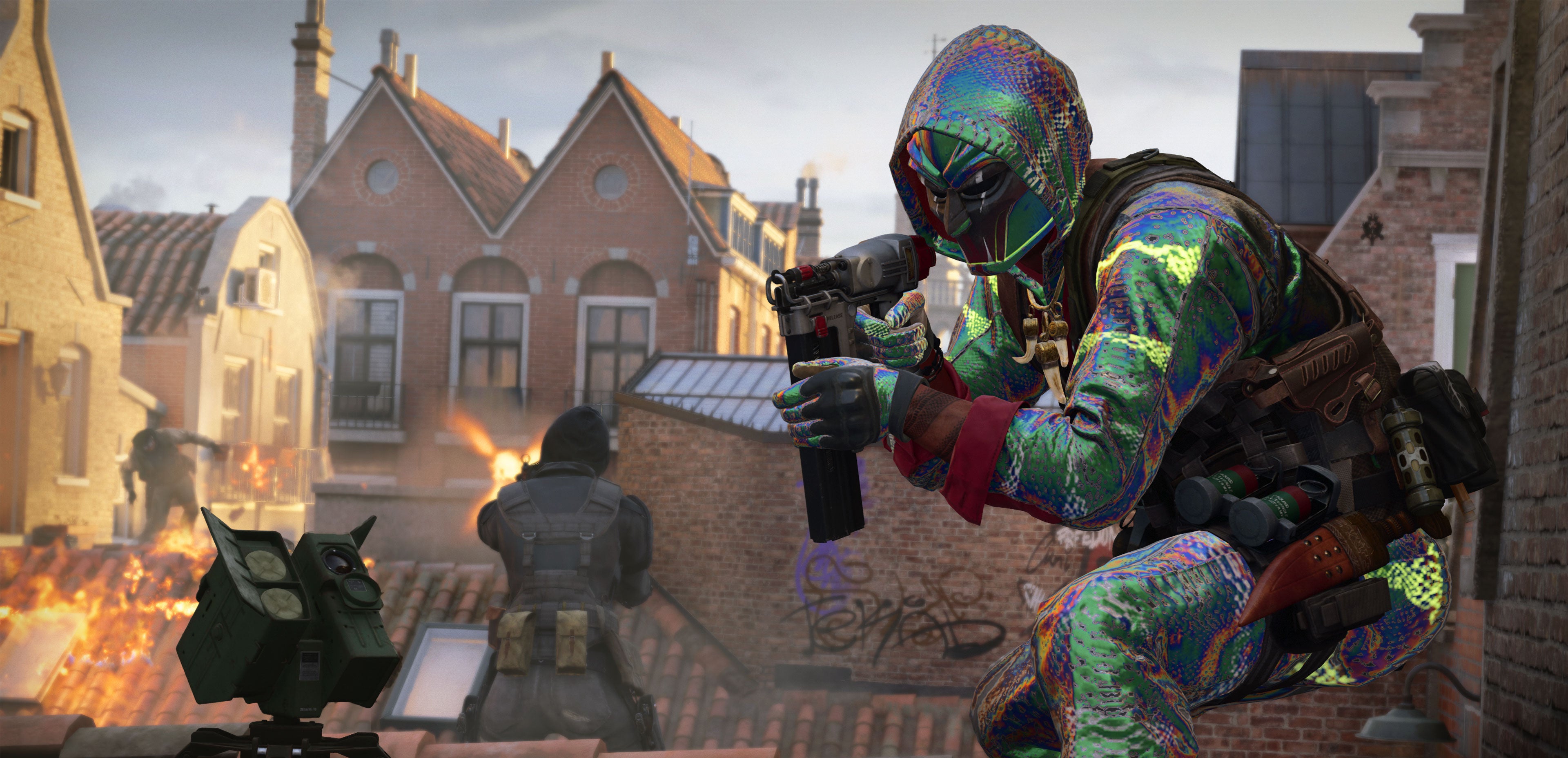 A Warzone operator fires a Nail Gun at a Trophy System.