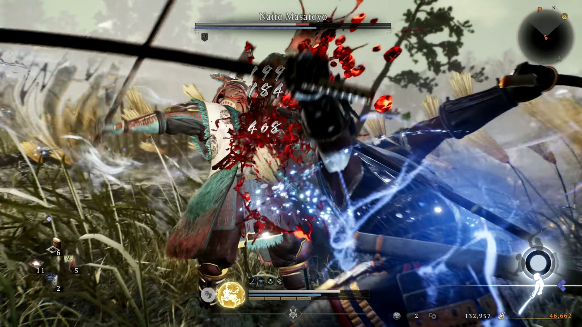 The player unleashes a bloody dual sword strike against Naito Masatoyo in Nioh 3. - 17