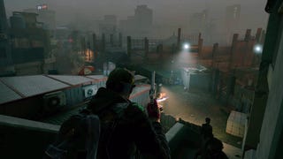 A screenshot of Nakwon: Last Paradise showing the player stood on a rooftop overlooking a decimated street, the city of Seoul barely visible through the fog in the background.