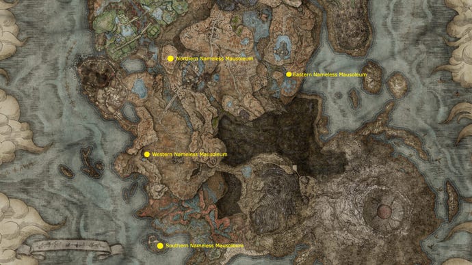 A map of all four Nameless Mausoleum locations in Elden Ring: Shadow of the Erdtree.