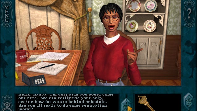 Rose talking to Nancy about rennovations in Nancy Drew: Message In A Haunted Mansion