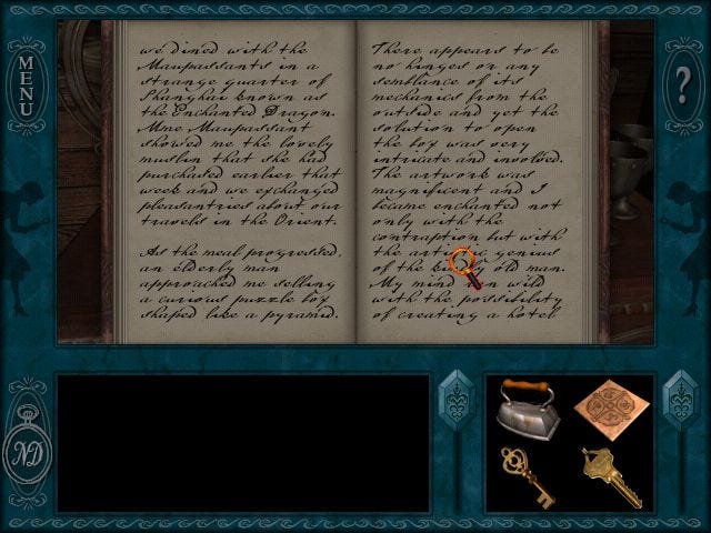 A diary entry in cursive handwriting in Nancy Drew: Message In A Haunted Mansion
