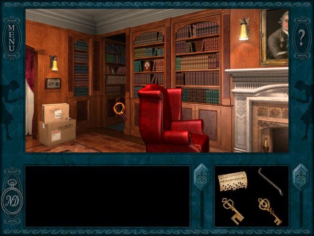 A secret door opened in a library bookshelf in Nancy Drew: Message In A Haunted Mansion