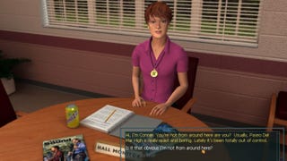 Connie, a girl with a short hair and a purple polo top, sits at a table behind a desk sign reading Hall Monitor, in a scene from Nancy Drew: Secrets Can Kill Remastered