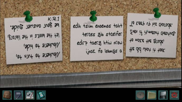 A series of notes written back to front and upside down - hidden clues in Nancy Drew: Secrets Can Kill Remastered