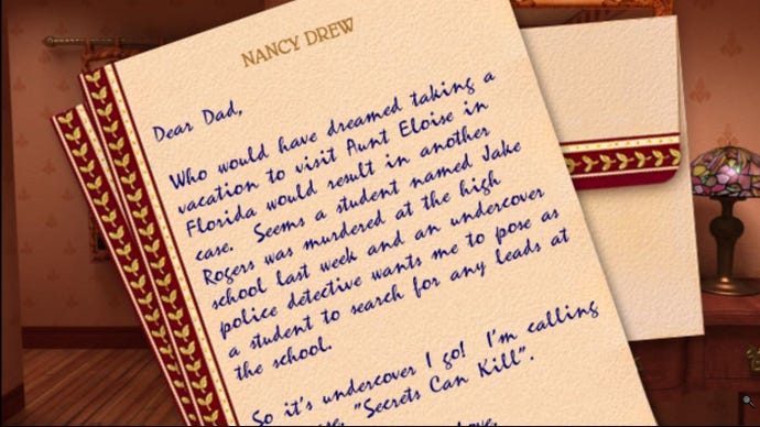 Nancy's letter to her dad saying she's on a new case, in Nancy Drew: Secrets Can Kill