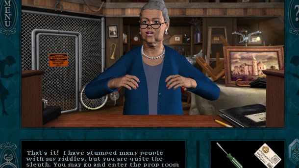 The prop master in Nancy Drew Stay Tuned For Danger telling her she has solved all the riddles and is a good sleuth - 1
