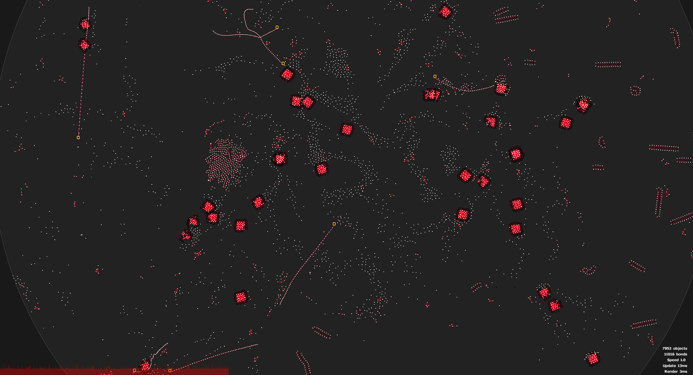 A screenshot of Nanotech, showing little dots connected by lines to form organic creatures in a petri dish.