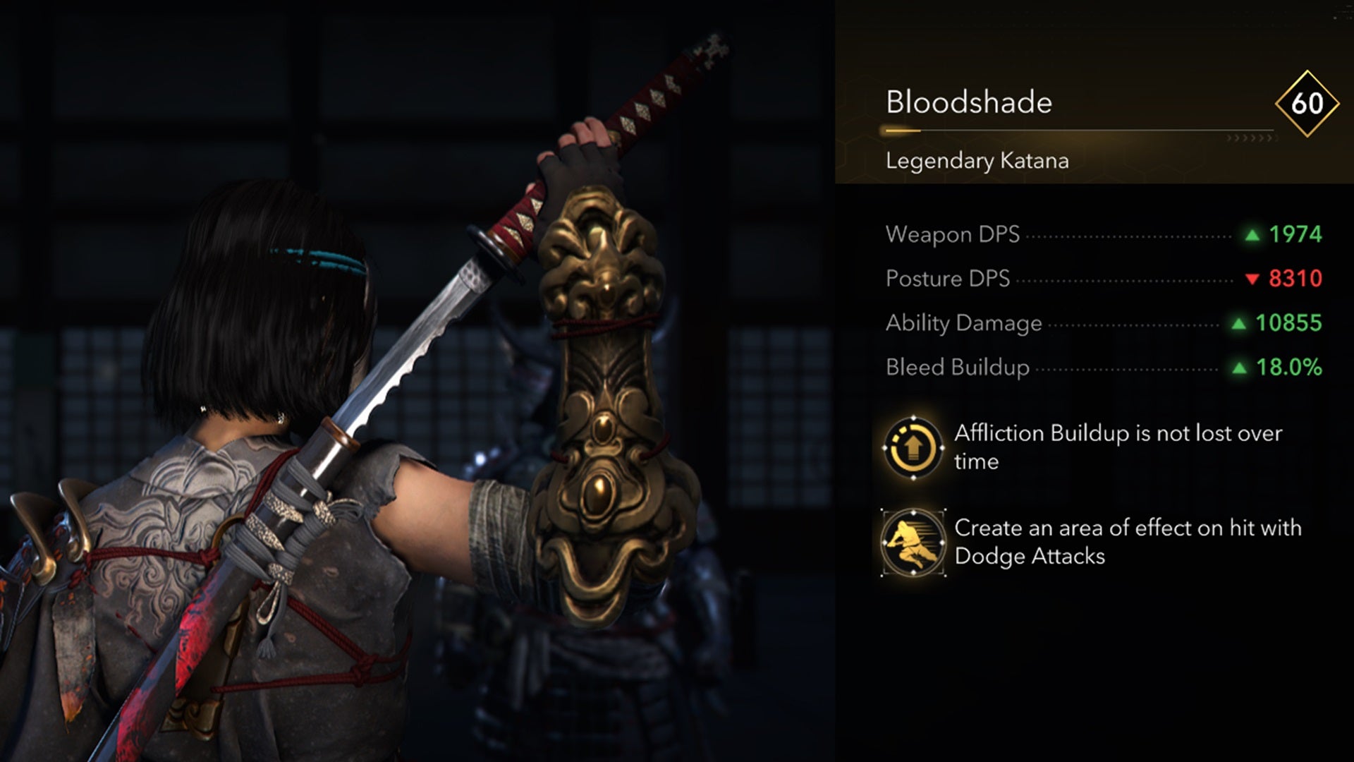 A close-up of the Bloodshade legendary katana in Assassin's Creed Shadows. - 4