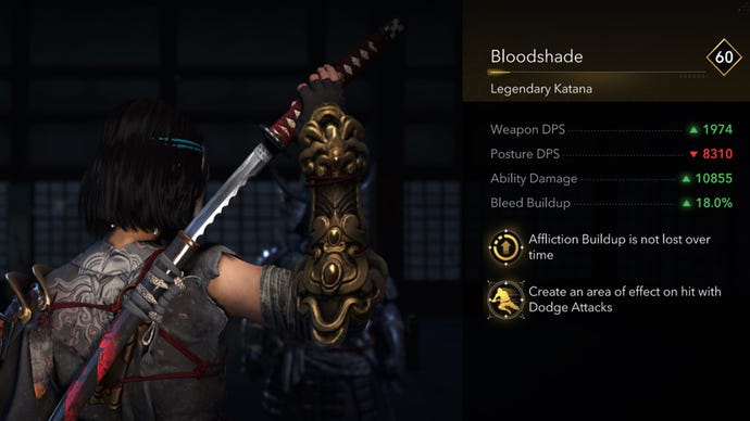 Un primer plano de la legendaria Katana de Bloodshade en Assassin's Creed Shadows.