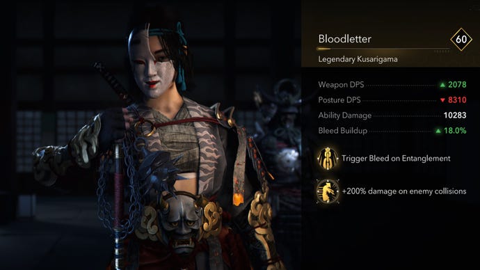 Un primer plano del legendario Kusarigama de Bloodlet en Assassin's Creed Shadows.