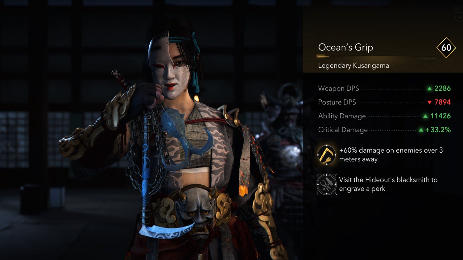 A close-up of the Ocean's Grip legendary kusarigama in Assassin's Creed Shadows. - 5