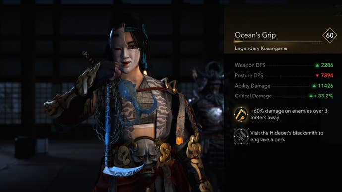 A close-up of the Ocean’s Grip legendary kusarigama in Assassin’s Creed Shadows.