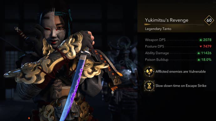 A close-up of the Yukimitsu’s Revenge legendary tanto in Assassin’s Creed Shadows.