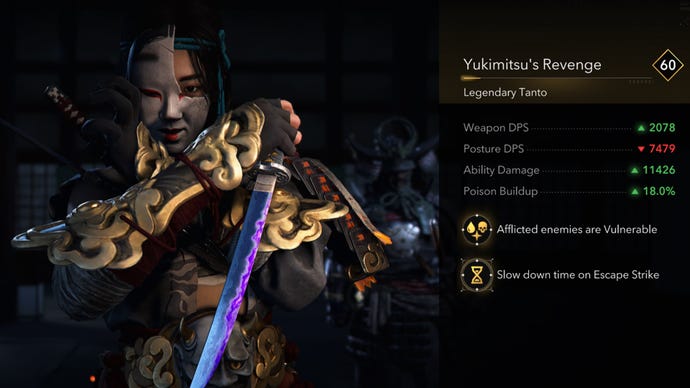 Un primer plano del legendario tanto de la venganza de Yukimitsu en Assassin's Creed Shadows.