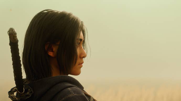 A cinematic image of Naoe looking forward in Assassin’s Creed Shadows.