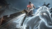 Yueshan riding a horse while wielding a long Polesword in Naraka: Bladepoint