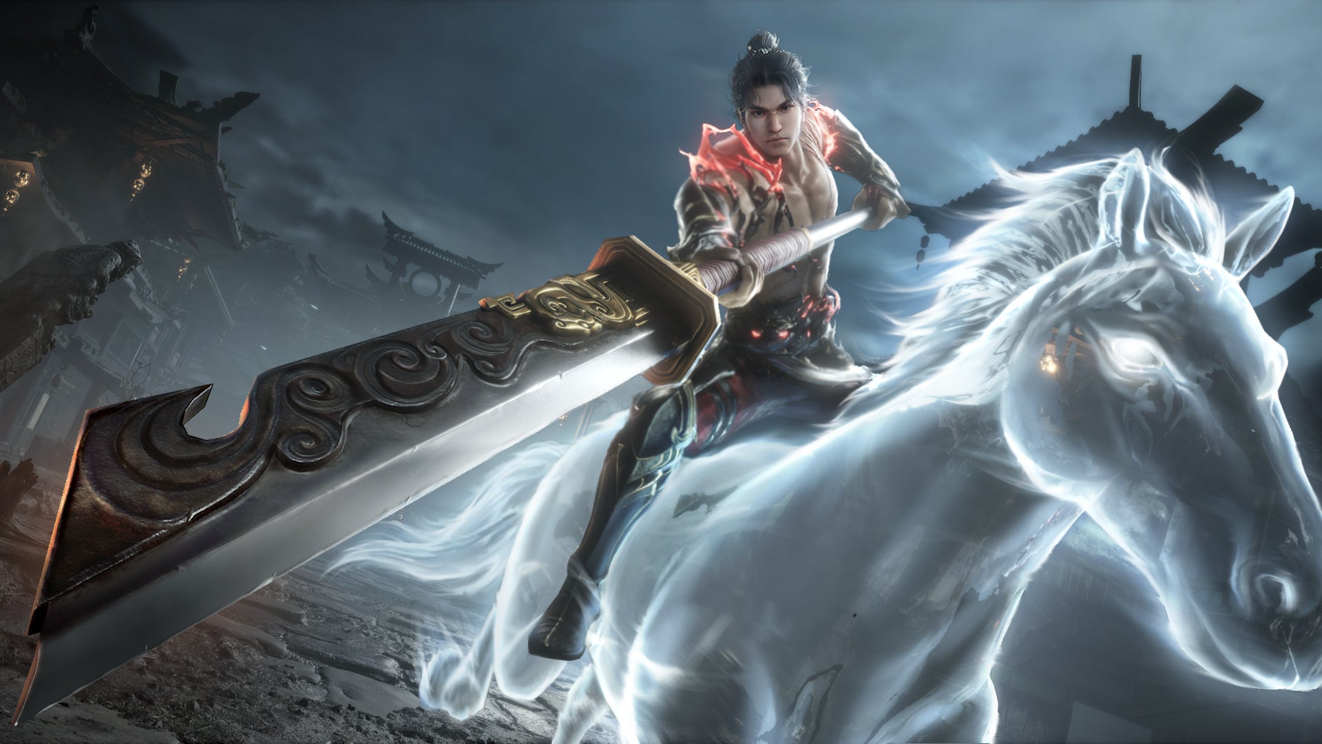 Yueshan riding a horse while wielding a long Polesword in Naraka: Bladepoint - 1