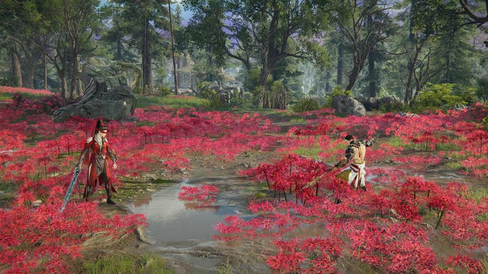Two characters in Naraka Bladepoint standing in red flowers.