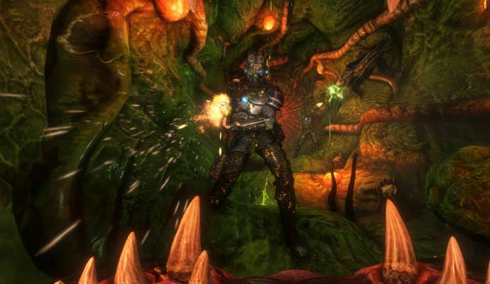 A soldier as viewed from the mouth of an alien in Natural Selection 2.