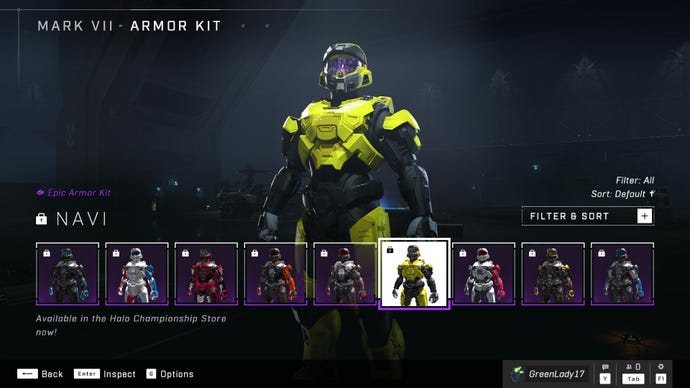 Halo Infinite’s Mark VII Armor Core, sporting the Navi Armor Kit customisation.