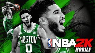 Artwork promoting NBA 2K Mobile showing the game's logo and Boston Celtics star Jayson Tatum.