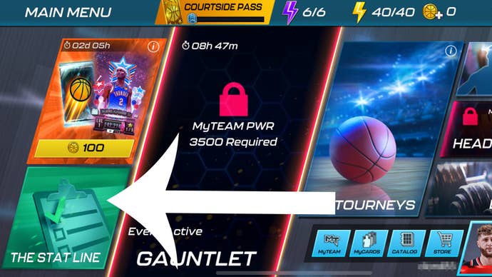 Arrow pointing at The Stat Line menu option in NBA 2K Mobile which is where players redeem codes.