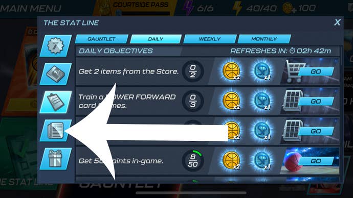 Arrow pointing at the button players need to press to get to the codes screen in NBA 2K Mobile.