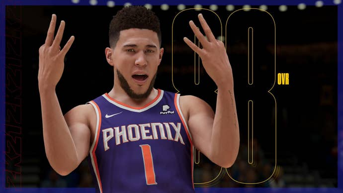 NBA 2K23 dribble requirements: A man in a Phoenix jersey holds his hands up in excitement