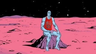 Doctor Manhattan from Watchmen wearing a Michael Jordan Bulls jersey.