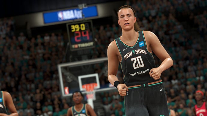 A closeup of a basketball player in NBA 2K24 gameplay