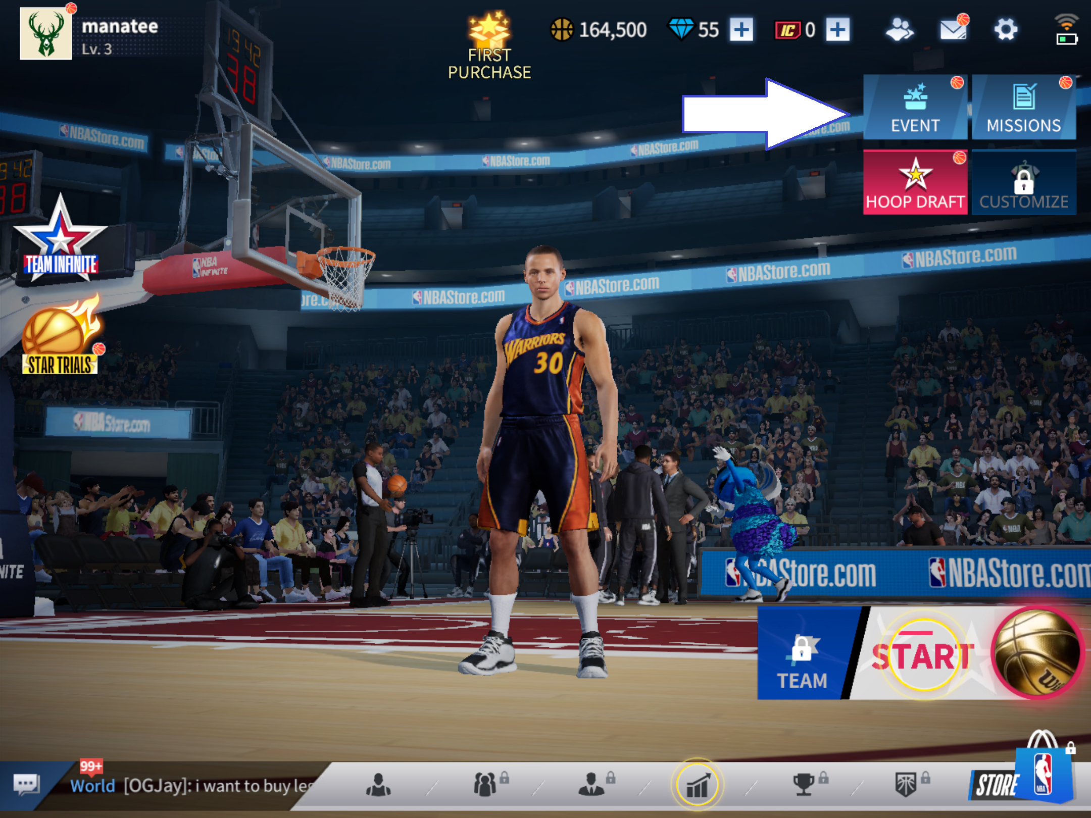 A screenshot from NBA Infinite showing the game&rsquo;s events  button.