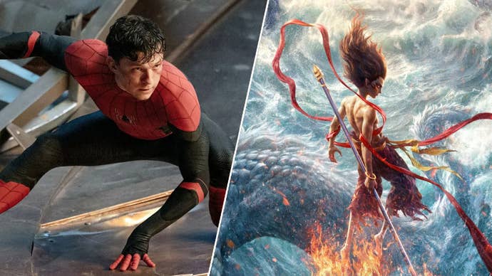 On the right, Tom Holland’s Spider-Man crouched down, using one hand to support his balance. On the right, a poster for Ne Zha 2 of a fearsome looking character, a dragon and raging ocean in the background.