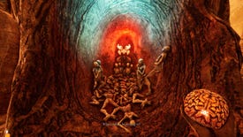 The player holds a brain and prepares to enter a skeletal shrine in Necrophosis.