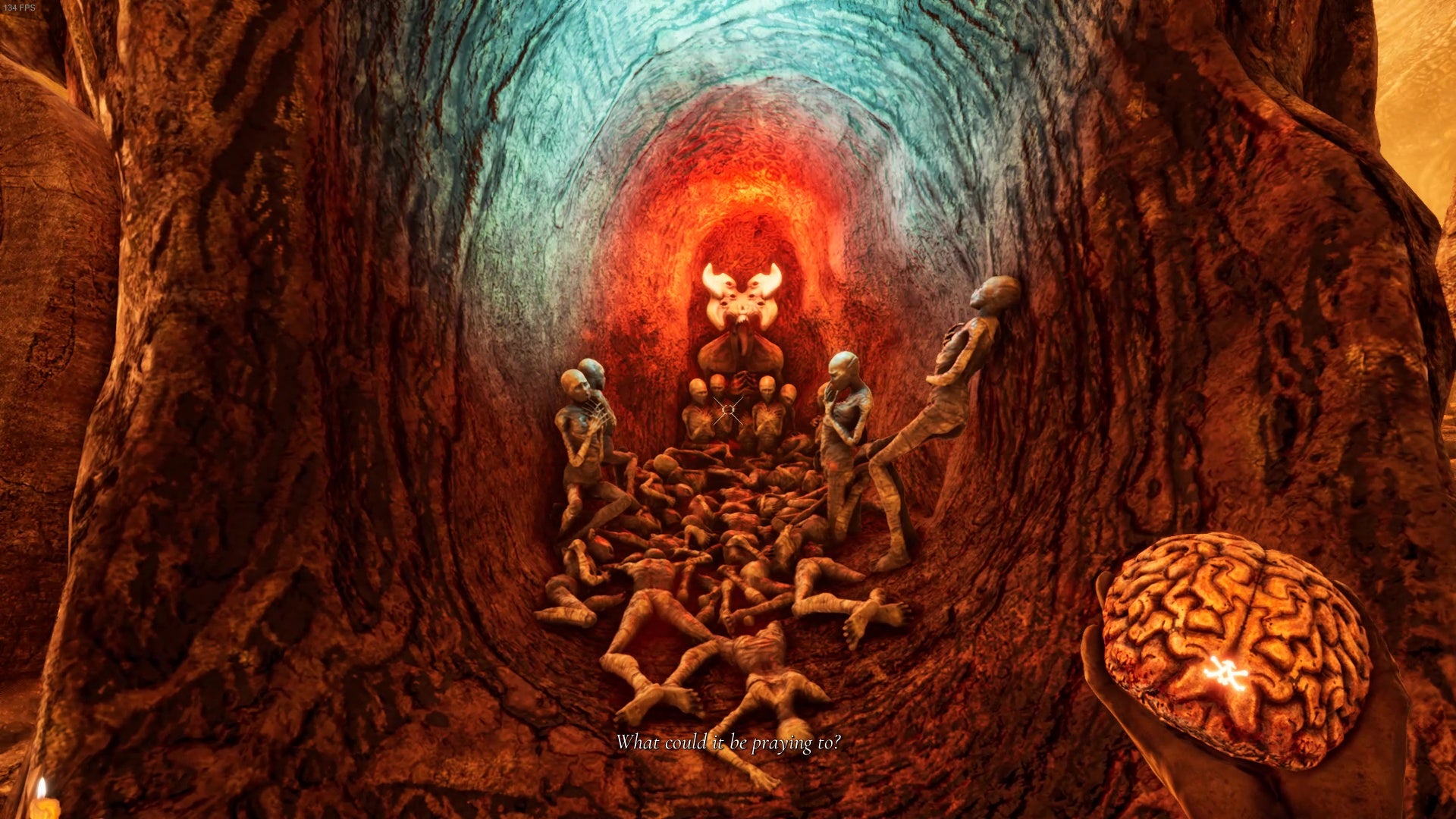 The player holds a brain and prepares to enter a skeletal shrine in Necrophosis. - 1