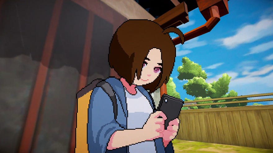 Miki looks down at her phone and smiles.