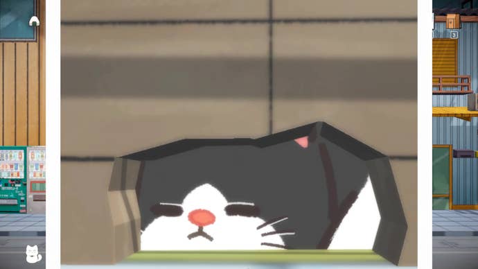 A picture of a cat nestled in a hole in the wall.