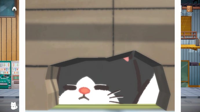 A picture of a cat nestled in a hole in the wall.