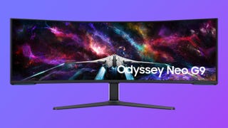 samsung odyssey neo g9 dual 4k gaming monitor on a gradient background