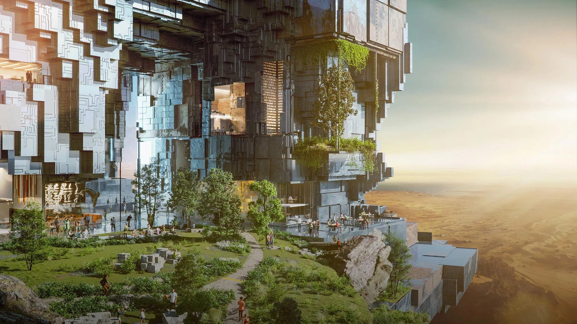 An artist's representation of a futuristic green city in the desert, Neom, with gardens and shiny metal buildings looking out over baking sands. - 1