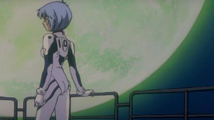 Rei Ayanami standing by a moon in the iconic anime Neon Genesis Evangelion.