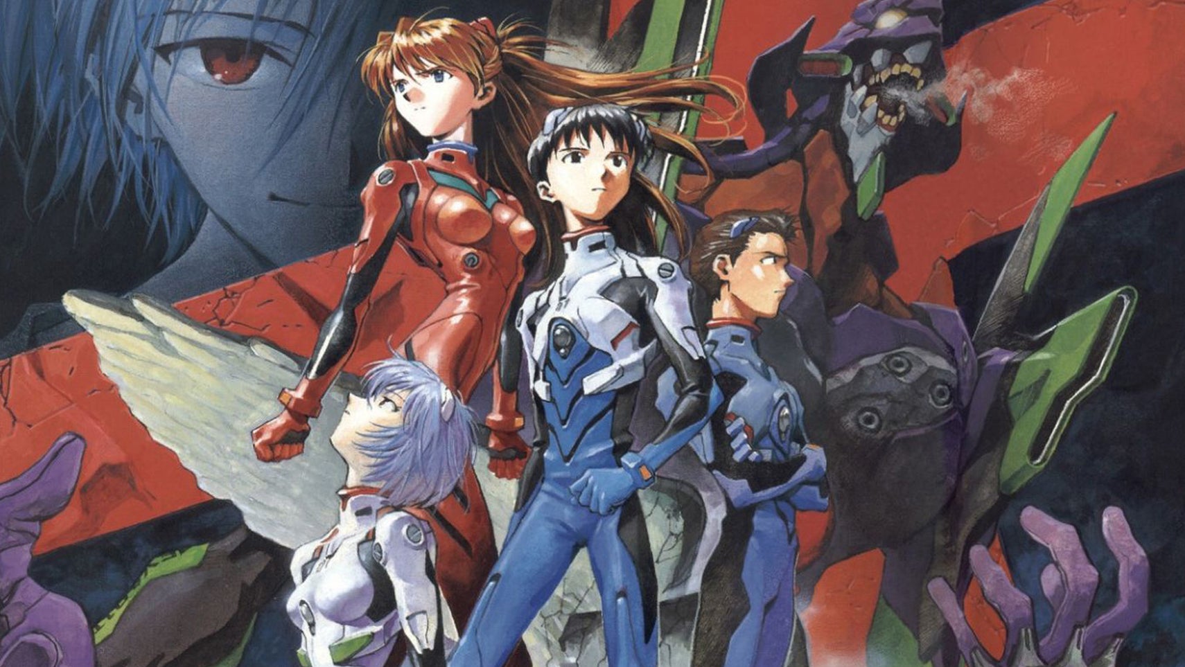 Key art of Neon Genesis Evangelion showing Shinji, Asuka, Rei, and Toji all in their plug suits, Kaworu in the background alongside Unit-01. - 1