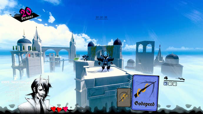 Sprinting through vaporwave Heaven in a Neon White screenshot.