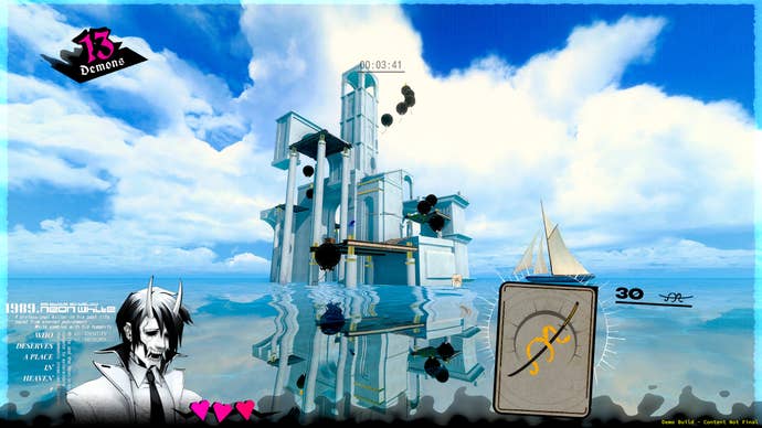 The vaporwave-esque landscape of Heaven in a Neon White screenshot.