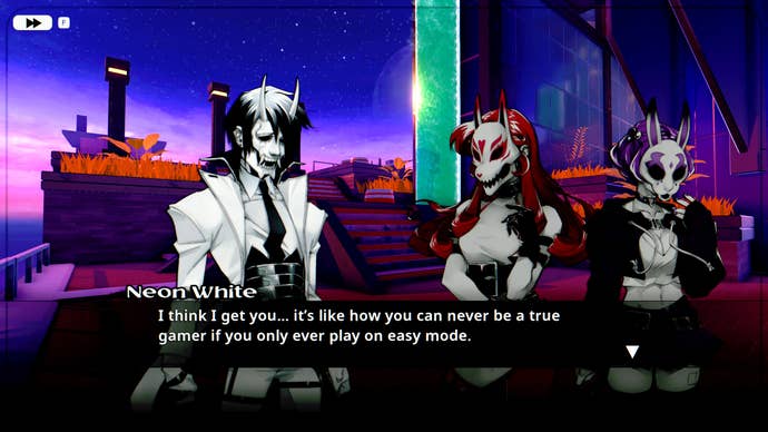 Neon White tells Neon Red and Neon Violet ‘I think I get you… it’s like how you can never be a tre gamer if you only ever play on easy mode’ in a Neon White screenshot.