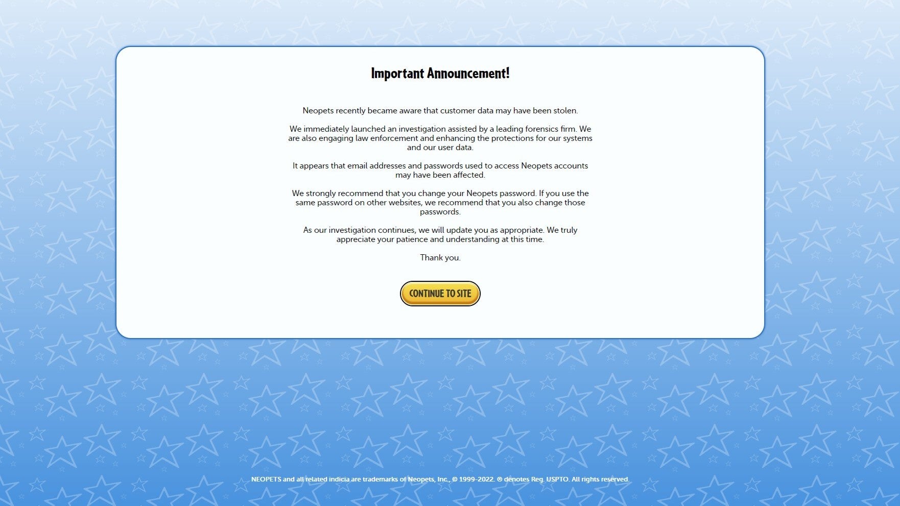 Neopets site announcement regarding the data breach.