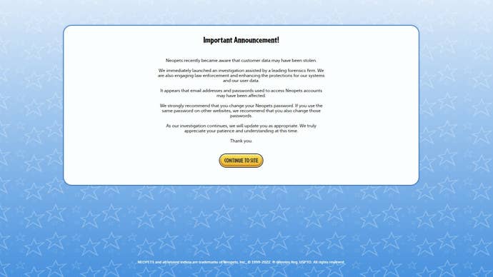 Neopets site announcement regarding the data breach.