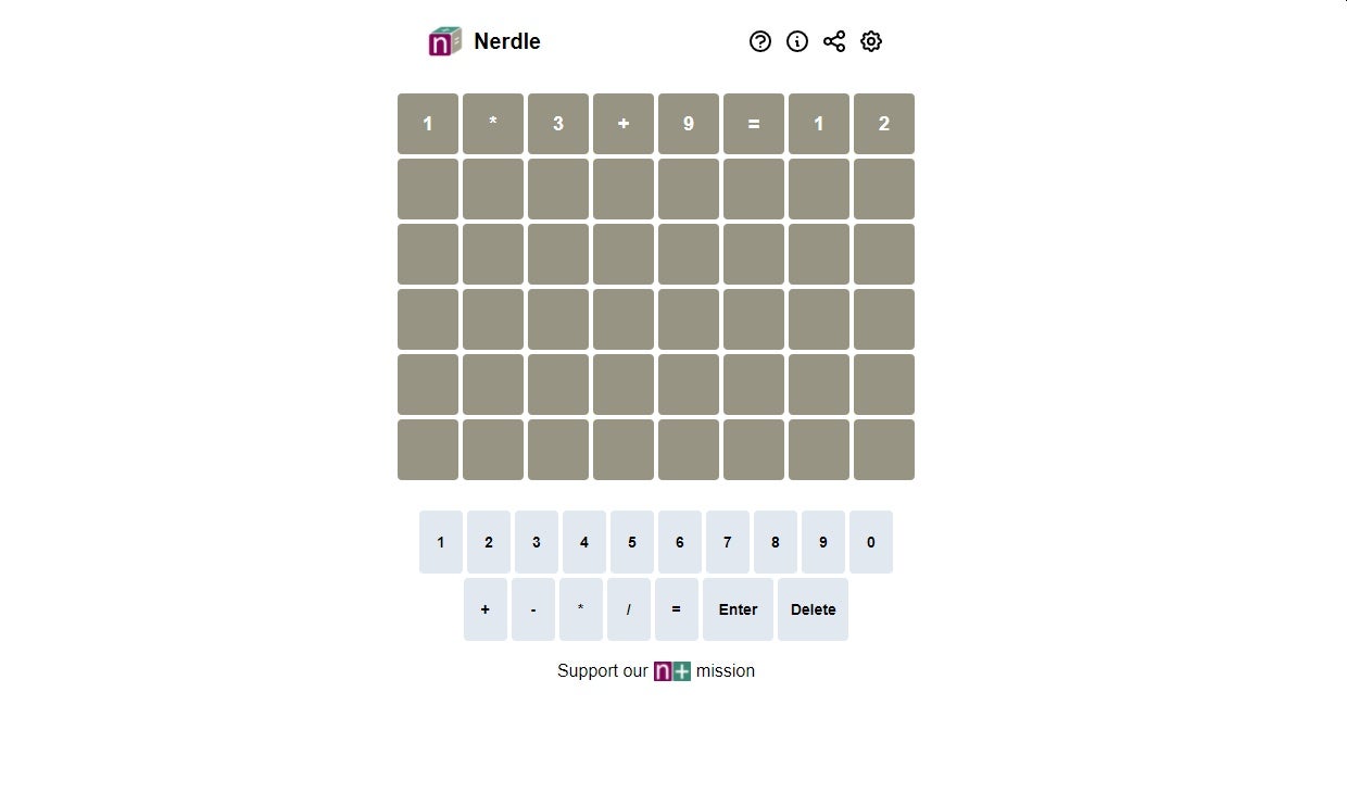 A screenshot of Nerdle, showing an 8x6 grid in which a sum has been entered into the top line. It&rsquo;s Wordle but for maths.