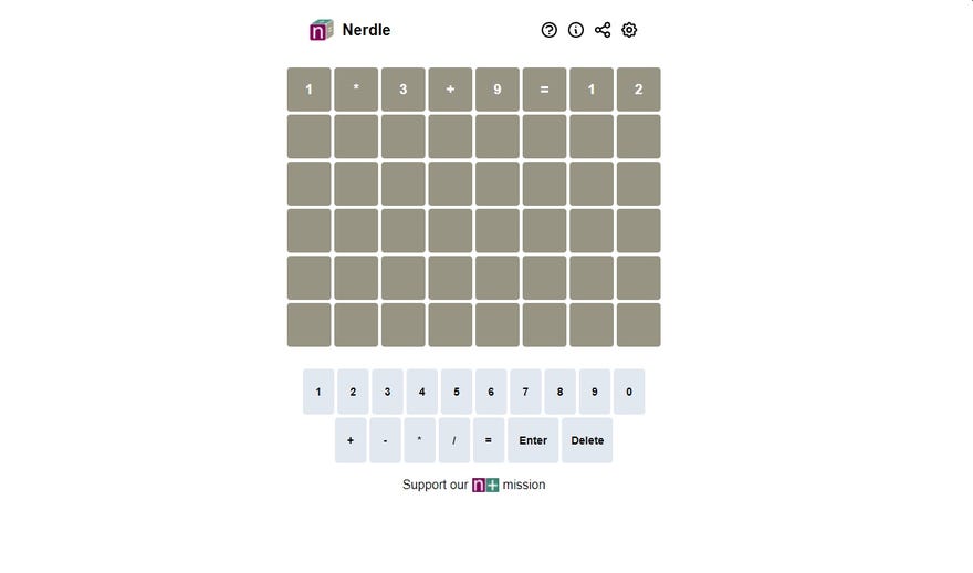 A screenshot of Nerdle, showing an 8x6 grid in which a sum has been entered into the top line. It’s Wordle but for maths.