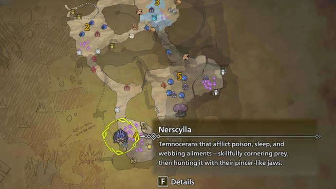 A map showing where to find the Nerscylla in Monster Hunter Wilds.